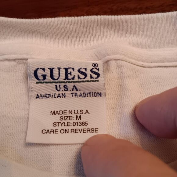 GUESS Jeans Logo White Long Sleeve Tee Men's M Red Striped Sleeves VTG - Picture 3 of 4